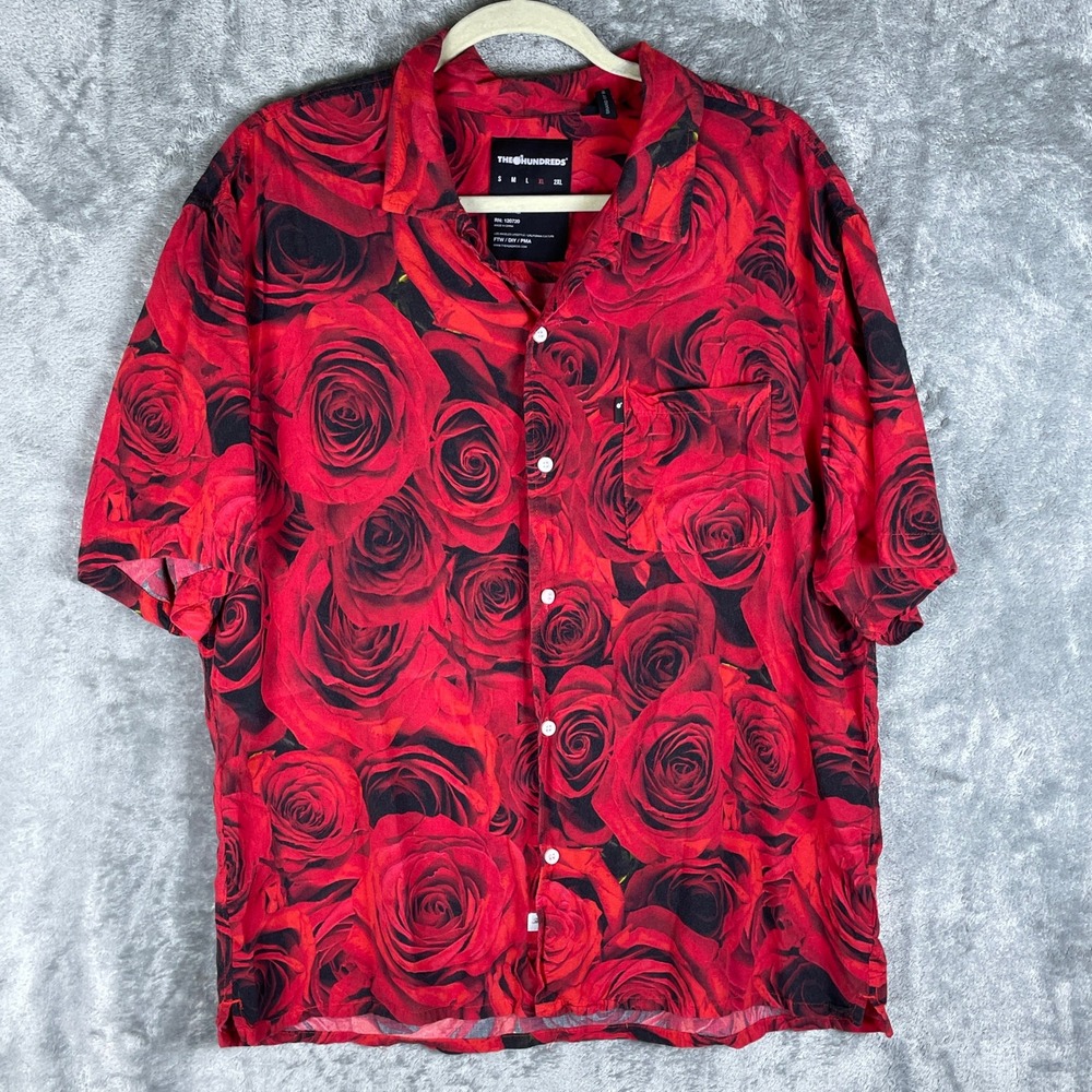 The Hundreds Rose Floral Button Up Shirt Mens XL Red VGUC Short Sleeve Rayon